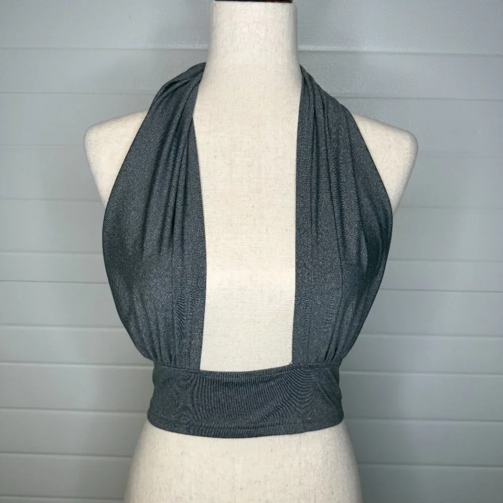 Grey Cross Halter Crop Top - Picture 3 of 5